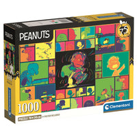 Caja del Puzzle Snoopy Peanuts 1000 piezas Clementoni. Collage estilo pop art de viñetas de los personajes de Peanuts en colores vivos, con Snoopy y Linus bailando en el centro.