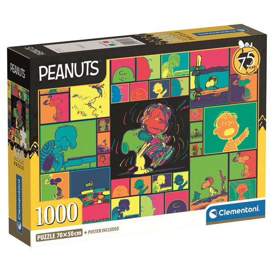 Caja del Puzzle Snoopy Peanuts 1000 piezas Clementoni. Collage estilo pop art de viñetas de los personajes de Peanuts en colores vivos, con Snoopy y Linus bailando en el centro.