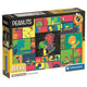 Caja del Puzzle Snoopy Peanuts 1000 piezas Clementoni. Collage estilo pop art de viñetas de los personajes de Peanuts en colores vivos, con Snoopy y Linus bailando en el centro.