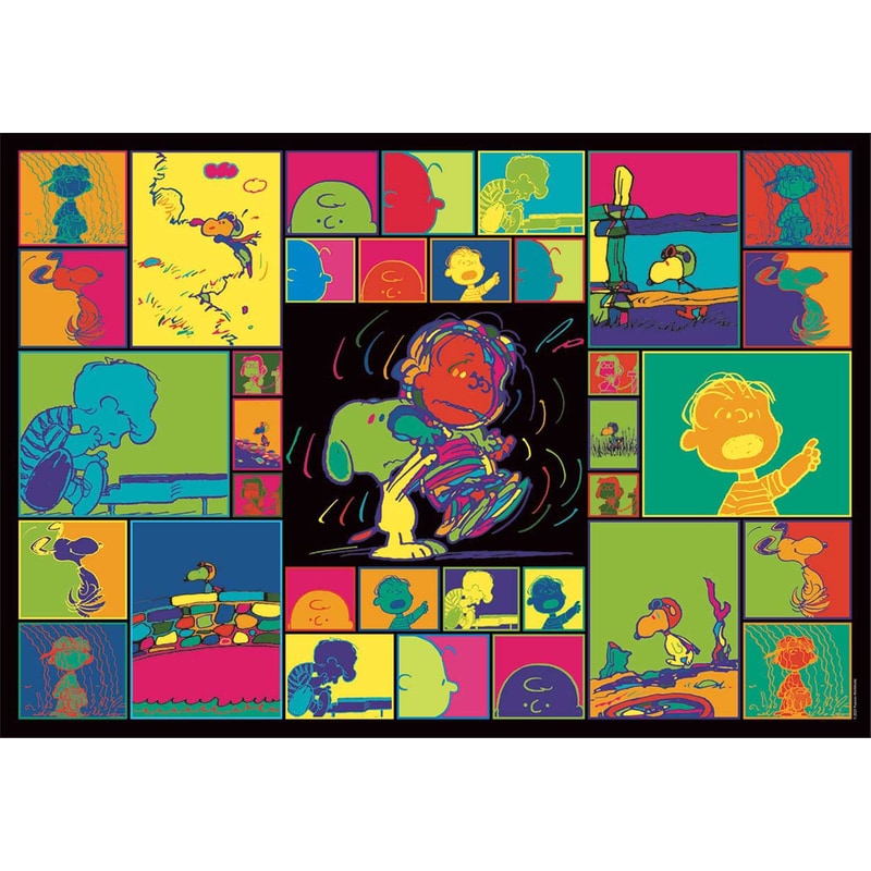 Ilustración del Puzzle Snoopy Peanuts 1000 piezas Clementoni. Collage estilo pop art de viñetas de los personajes de Peanuts en colores vivos, con Snoopy y Linus bailando en el centro.