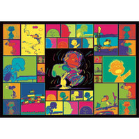 Ilustración del Puzzle Snoopy Peanuts 1000 piezas Clementoni. Collage estilo pop art de viñetas de los personajes de Peanuts en colores vivos, con Snoopy y Linus bailando en el centro.