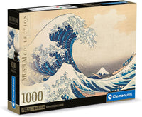 Caja del puzzle La Gran Ola de Hokusai 1000 piezas Clementoni Museum Collection con la ola japonesa rompiendo sobre las barcas y el monte Fuji al fondo