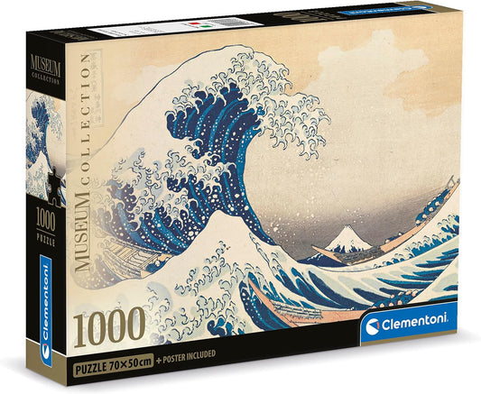Caja del puzzle La Gran Ola de Hokusai 1000 piezas Clementoni Museum Collection con la ola japonesa rompiendo sobre las barcas y el monte Fuji al fondo