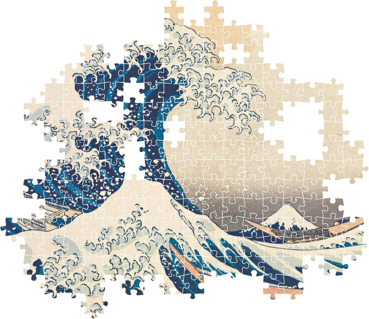 Montaje parcial del puzzle La Gran Ola de Hokusai 1000 piezas Clementoni Museum Collection con piezas sueltas mostrando la ola y el monte Fuji