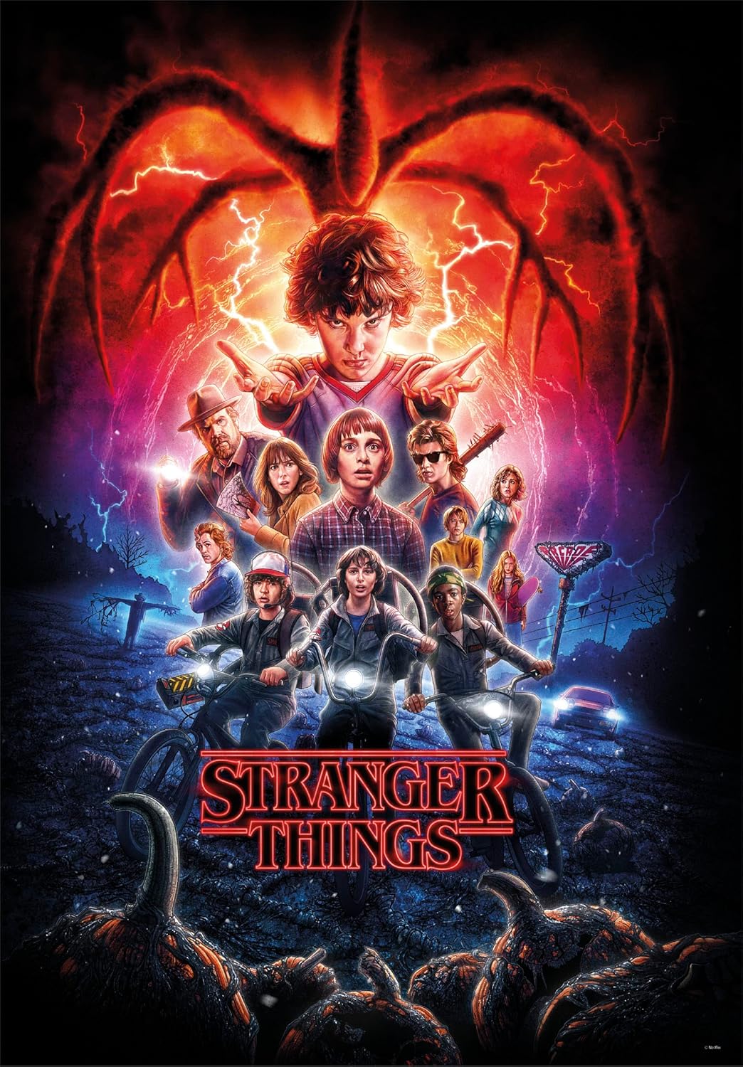 Ilustración del Puzzle Stranger Things Temporada 2 1000 piezas Clementoni. Póster de la serie con Eleven y el Azotamentes al fondo, los personajes en bicicleta y el logo en rojo.