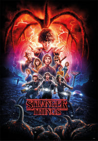Ilustración del Puzzle Stranger Things Temporada 2 1000 piezas Clementoni. Póster de la serie con Eleven y el Azotamentes al fondo, los personajes en bicicleta y el logo en rojo.