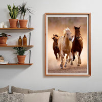 Puzzle Caballos Corriendo 1000 piezas Clementoni montado y enmarcado en madera sobre una pared, con la escena de los tres caballos galopando; al lado, estantes con plantas y libros, y debajo un sofá con cojines.