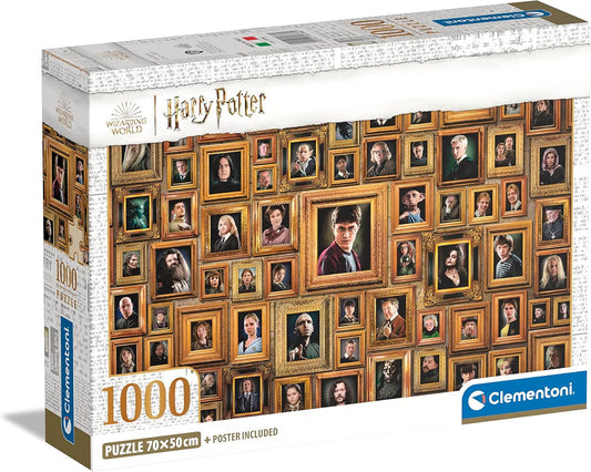 Caja del Puzzle Harry Potter Retratos 1000 piezas Clementoni. Pared cubierta de marcos dorados con retratos de los personajes de la saga, con Harry Potter en el marco central.