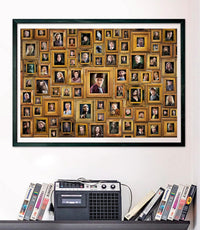 Puzzle Harry Potter Retratos 1000 piezas Clementoni montado y enmarcado en negro sobre una pared, con la pared de marcos dorados y los personajes de la saga; debajo, un radiocasete y cintas VHS en una estantería.