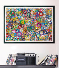 Puzzle Impossible Disney Emoji 1000 piezas Clementoni montado y enmarcado en negro sobre una pared, con la escena de chapas de emojis de personajes Disney; debajo, un radiocasete y cintas VHS en una estantería.
