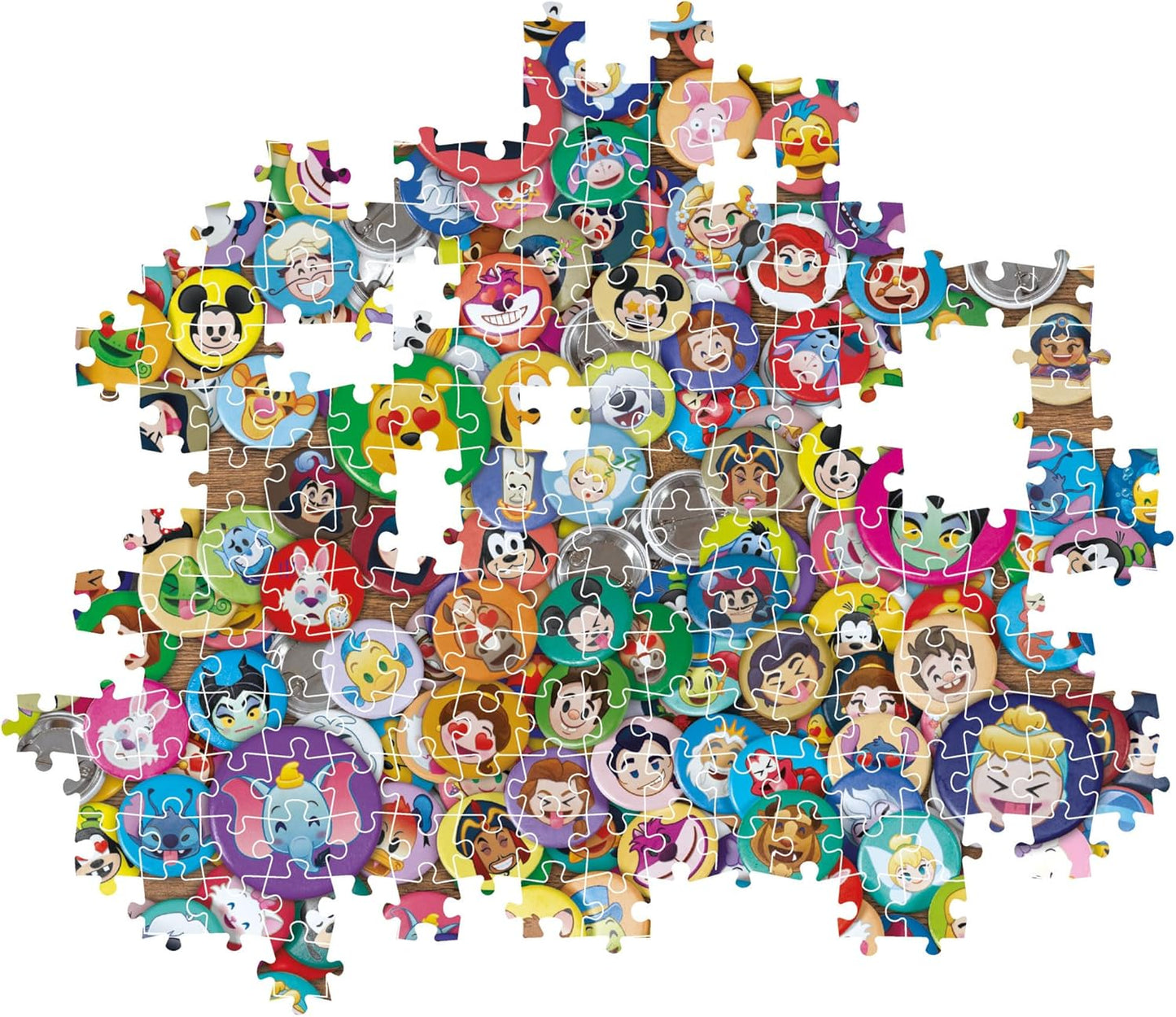 Montaje parcial del Puzzle Impossible Disney Emoji 1000 piezas Clementoni, con piezas encajadas mostrando las chapas de emojis de personajes Disney y piezas sueltas alrededor.