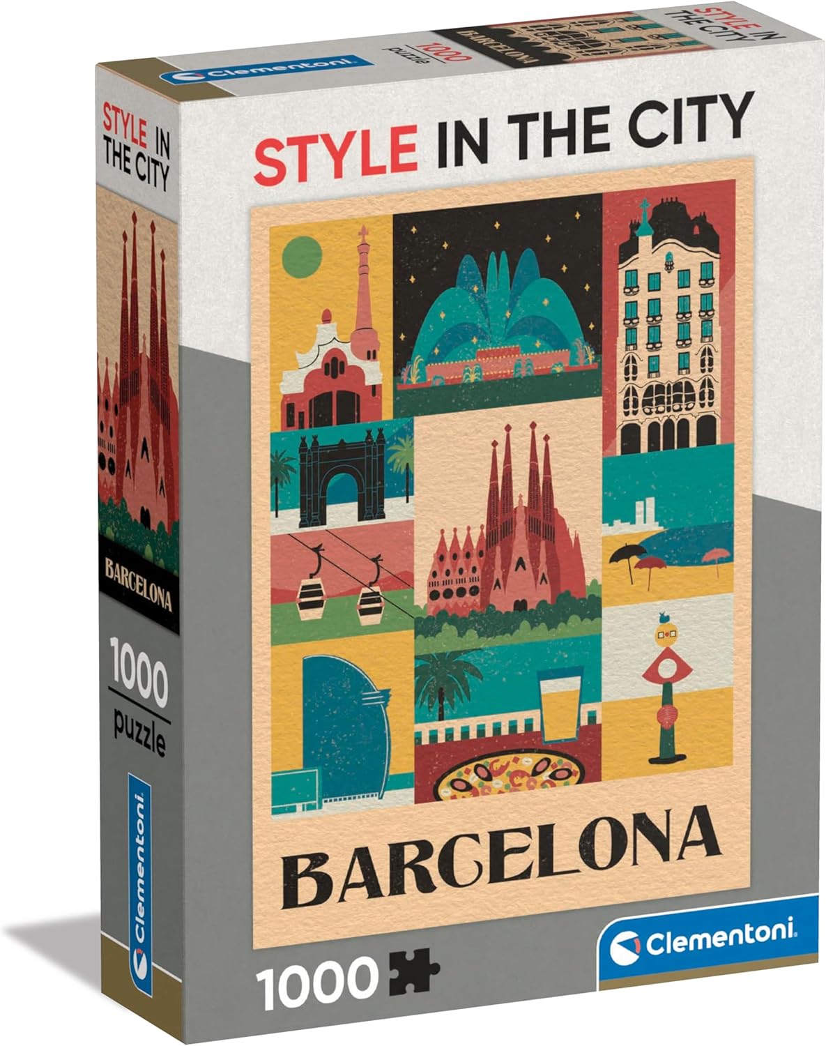Caja del Puzzle Barcelona Style in the City 1000 piezas Clementoni. Collage ilustrado estilo retro con la Sagrada Familia, la Casa Batlló, la fuente mágica y otros iconos de Barcelona.