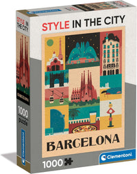 Caja del Puzzle Barcelona Style in the City 1000 piezas Clementoni. Collage ilustrado estilo retro con la Sagrada Familia, la Casa Batlló, la fuente mágica y otros iconos de Barcelona.