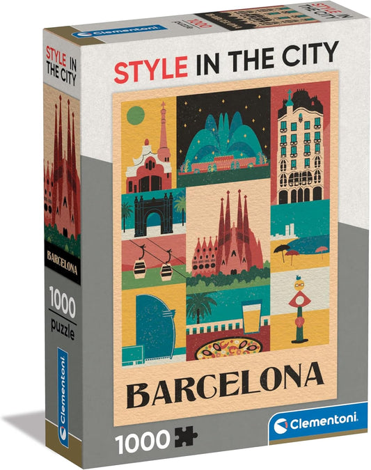 Caja del Puzzle Barcelona Style in the City 1000 piezas Clementoni. Collage ilustrado estilo retro con la Sagrada Familia, la Casa Batlló, la fuente mágica y otros iconos de Barcelona.