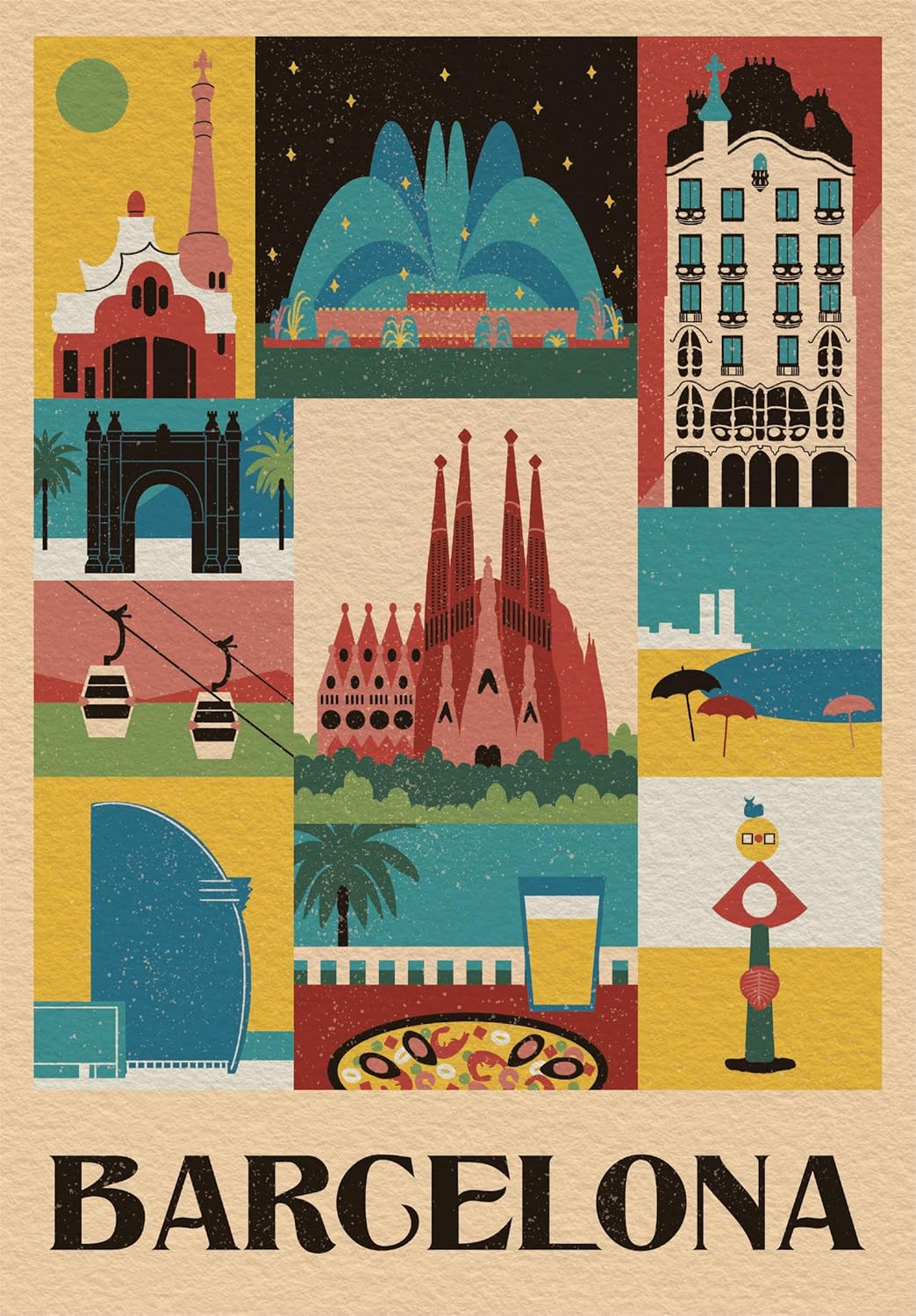 Ilustración del Puzzle Barcelona Style in the City 1000 piezas Clementoni. Collage ilustrado estilo retro con la Sagrada Familia, la Casa Batlló, la fuente mágica y otros iconos de Barcelona.