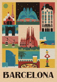 Ilustración del Puzzle Barcelona Style in the City 1000 piezas Clementoni. Collage ilustrado estilo retro con la Sagrada Familia, la Casa Batlló, la fuente mágica y otros iconos de Barcelona.