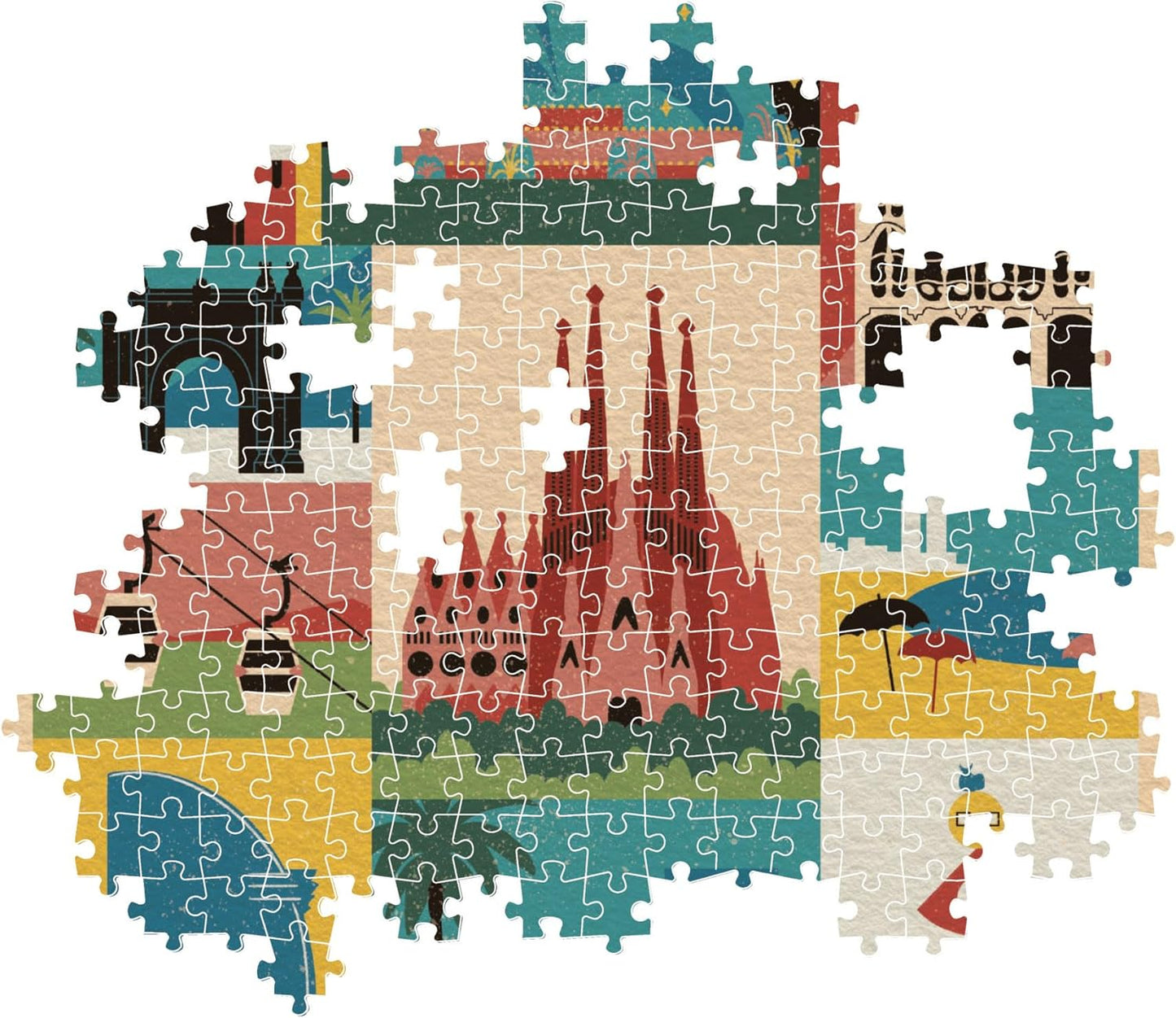 Montaje parcial del Puzzle Barcelona Style in the City 1000 piezas Clementoni, con piezas encajadas mostrando la Sagrada Familia y otros iconos de Barcelona, y piezas sueltas alrededor.