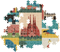 Montaje parcial del Puzzle Barcelona Style in the City 1000 piezas Clementoni, con piezas encajadas mostrando la Sagrada Familia y otros iconos de Barcelona, y piezas sueltas alrededor.