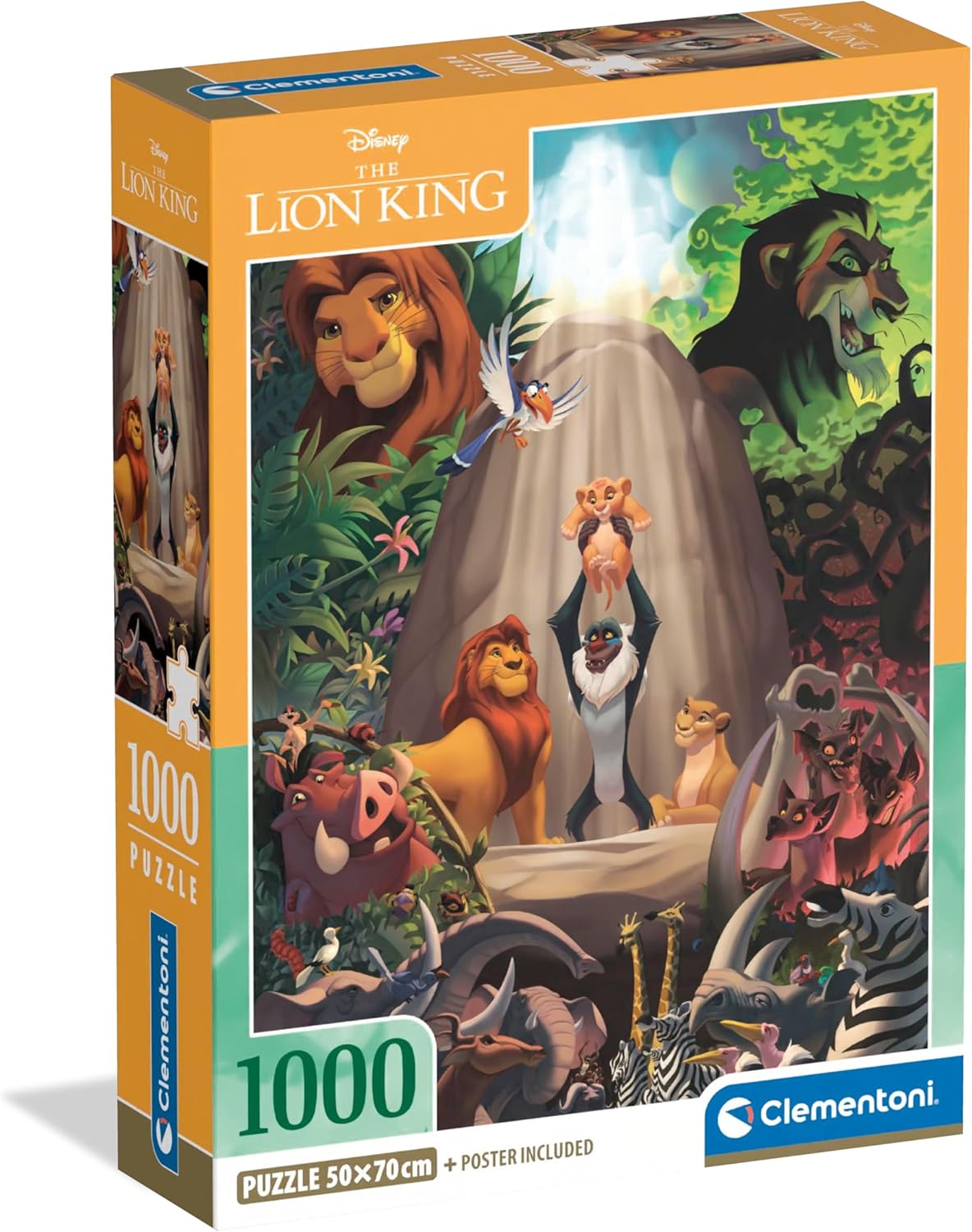 Caja del Puzzle El Rey León 1000 piezas Clementoni. Rafiki presenta a Simba bebé en la Roca del Rey, rodeado de los personajes de la película y los animales de la sabana.