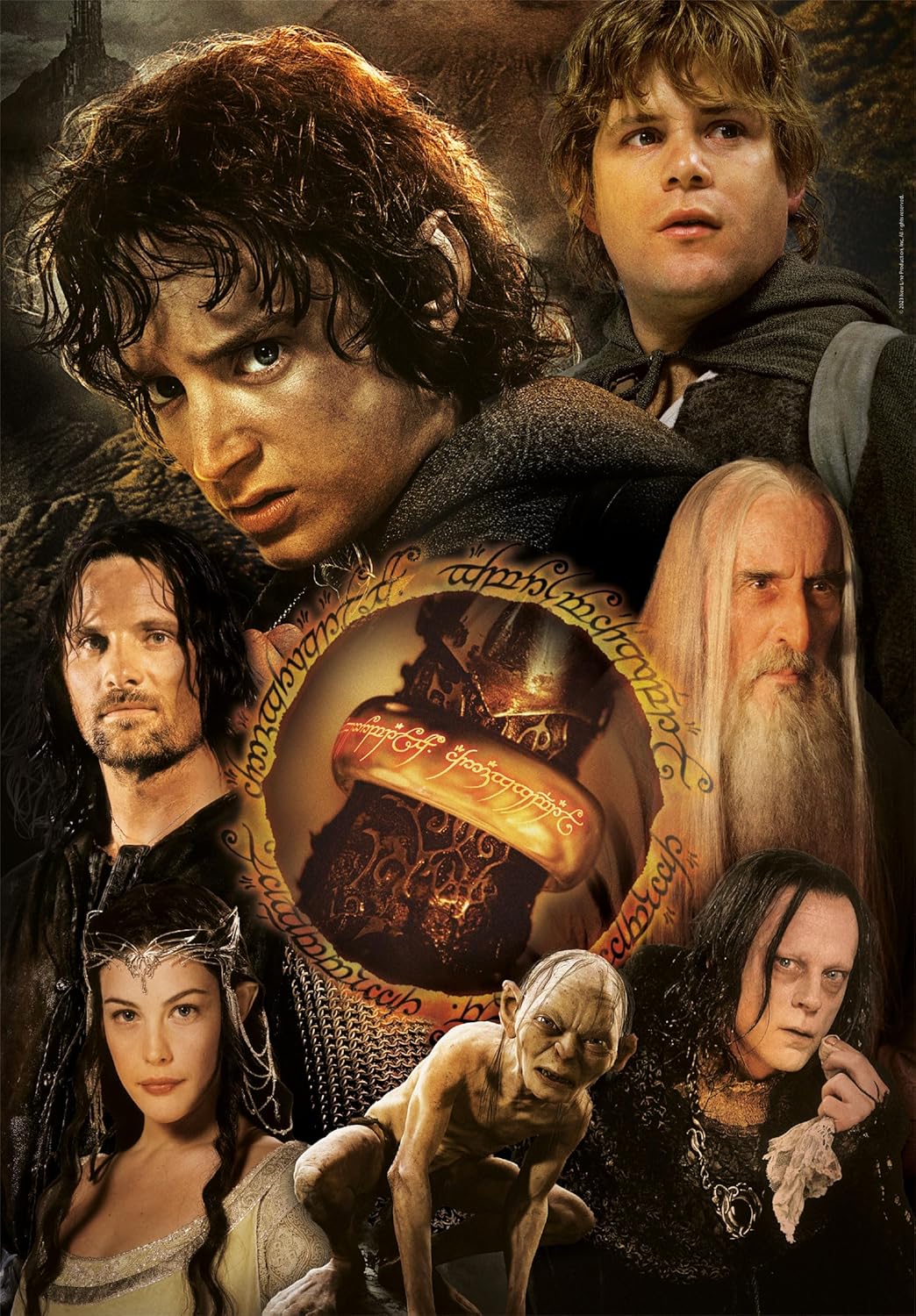 Ilustración del Puzzle El Señor de los Anillos 1000 piezas Clementoni. Collage de la película con Frodo, Sam, Aragorn, Saruman, Arwen, Gollum y el Anillo Único en el centro.