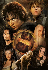 Ilustración del Puzzle El Señor de los Anillos 1000 piezas Clementoni. Collage de la película con Frodo, Sam, Aragorn, Saruman, Arwen, Gollum y el Anillo Único en el centro.