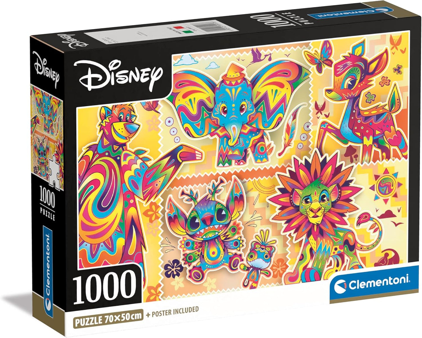 Caja del Puzzle Disney Classics 1000 piezas Clementoni. Ilustraciones psicodélicas y coloridas de Baloo, Dumbo, Bambi, Stitch y Simba con motivos ornamentales.
