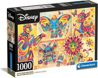 Caja del Puzzle Disney Classics 1000 piezas Clementoni. Ilustraciones psicodélicas y coloridas de Baloo, Dumbo, Bambi, Stitch y Simba con motivos ornamentales.
