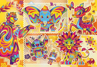 Ilustración del Puzzle Disney Classics 1000 piezas Clementoni. Ilustraciones psicodélicas y coloridas de Baloo, Dumbo, Bambi, Stitch y Simba con motivos ornamentales.