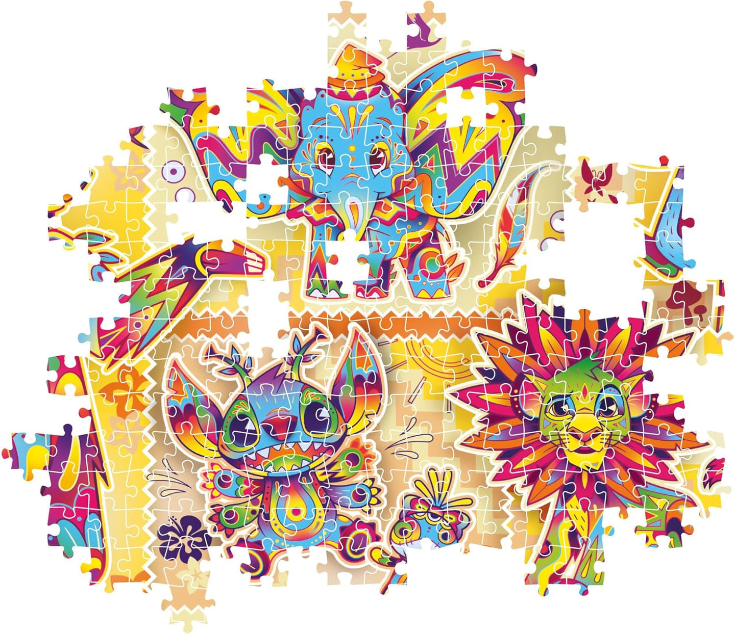 Montaje parcial del Puzzle Disney Classics 1000 piezas Clementoni, con piezas encajadas mostrando las ilustraciones psicodélicas de Dumbo, Stitch y Simba, y piezas sueltas alrededor.