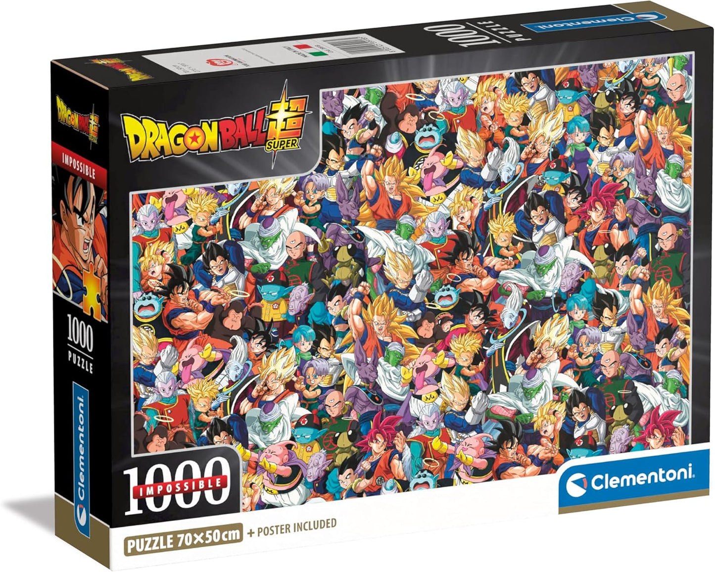 Caja del Puzzle Impossible Dragon Ball 1000 piezas Clementoni. Collage denso de todos los personajes de Dragon Ball Super superpuestos en tonos vivos.