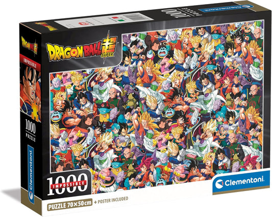 Caja del Puzzle Impossible Dragon Ball 1000 piezas Clementoni. Collage denso de todos los personajes de Dragon Ball Super superpuestos en tonos vivos.