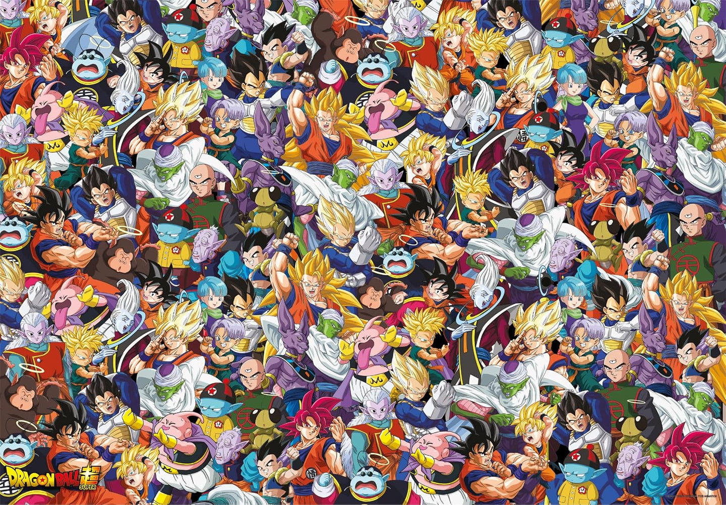 Ilustración del Puzzle Impossible Dragon Ball 1000 piezas Clementoni. Collage denso de todos los personajes de Dragon Ball Super superpuestos en tonos vivos.