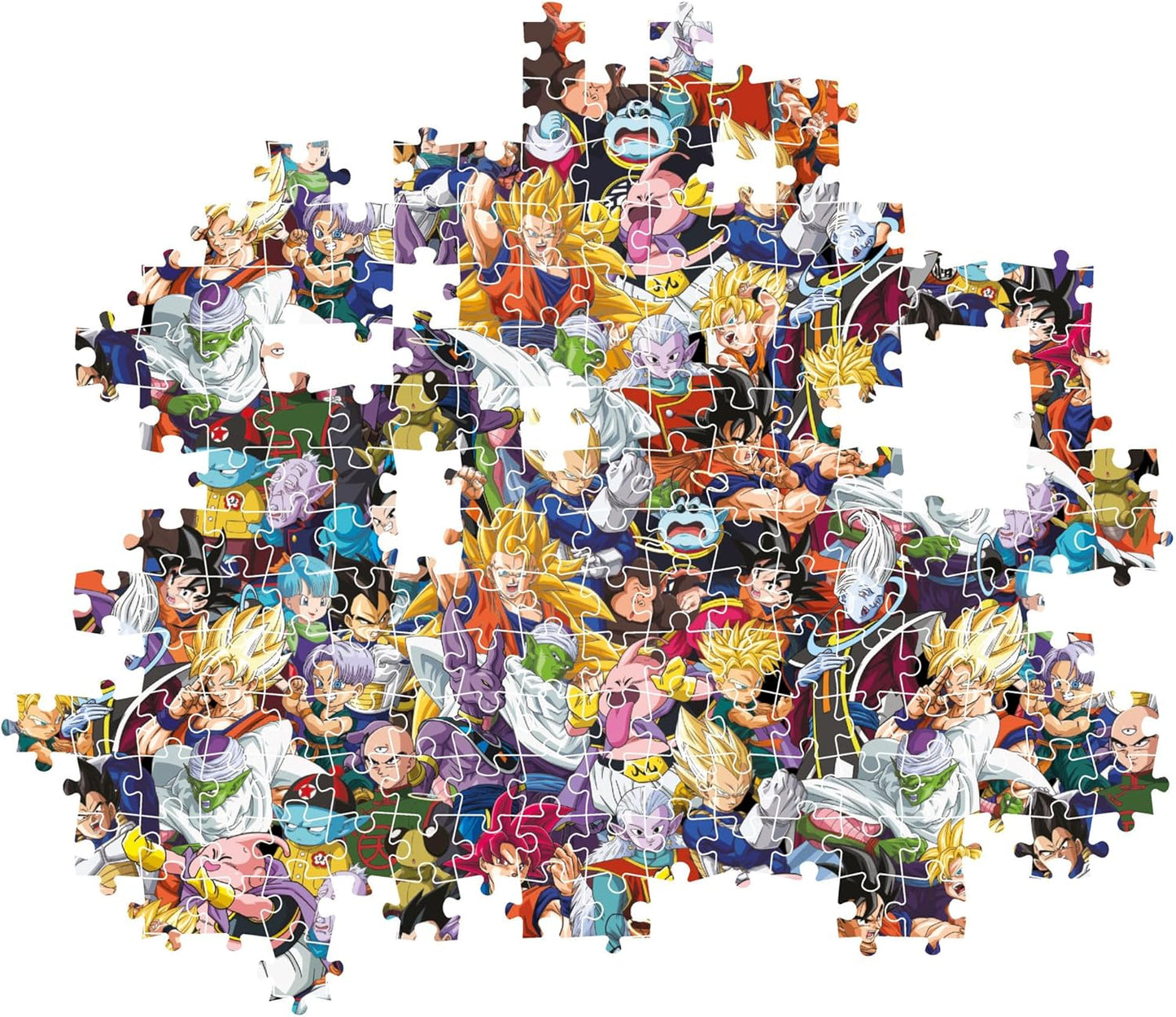 Montaje parcial del Puzzle Impossible Dragon Ball 1000 piezas Clementoni, con piezas encajadas mostrando el collage de personajes de Dragon Ball Super y piezas sueltas alrededor.