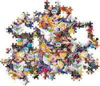 Montaje parcial del Puzzle Impossible Dragon Ball 1000 piezas Clementoni, con piezas encajadas mostrando el collage de personajes de Dragon Ball Super y piezas sueltas alrededor.