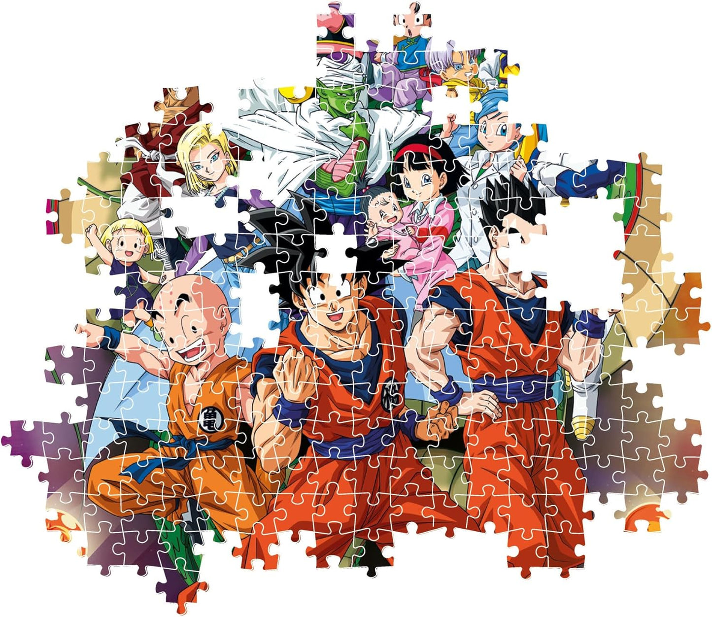 Montaje parcial del puzzle Dragon Ball 1000 piezas Clementoni con piezas sueltas mostrando a Goku, Krilin, Gohan y otros personajes