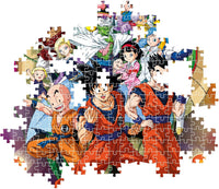 Montaje parcial del puzzle Dragon Ball 1000 piezas Clementoni con piezas sueltas mostrando a Goku, Krilin, Gohan y otros personajes