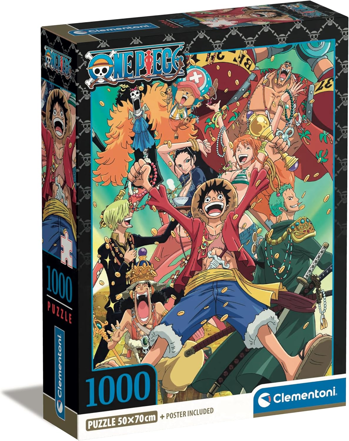 Caja del puzzle One Piece 1000 piezas Clementoni con Luffy y la tripulación de los Sombrero de Paja, formato 50×70 cm