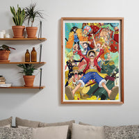 Puzzle One Piece 1000 piezas Clementoni montado y enmarcado en madera sobre pared, junto a estanterías con plantas y libros