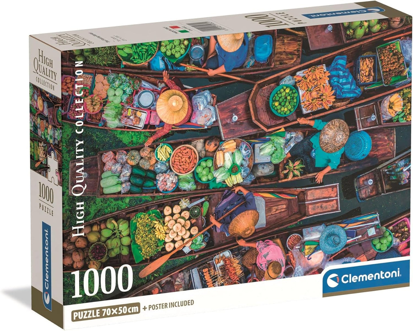 Caja del puzzle Mercado Flotante Tailandés 1000 piezas Clementoni con barcas cargadas de frutas y verduras.