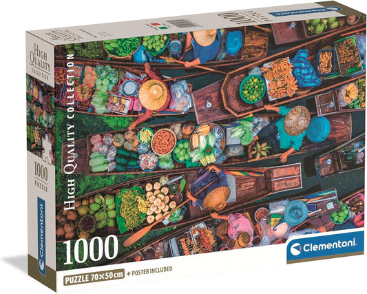 Caja del puzzle Mercado Flotante Tailandés 1000 piezas Clementoni con barcas cargadas de frutas y verduras.