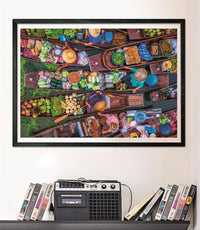 Puzzle Mercado Flotante Tailandés 1000 piezas Clementoni montado y enmarcado en negro sobre pared, sobre un estante con cintas VHS y radio-casete vintage