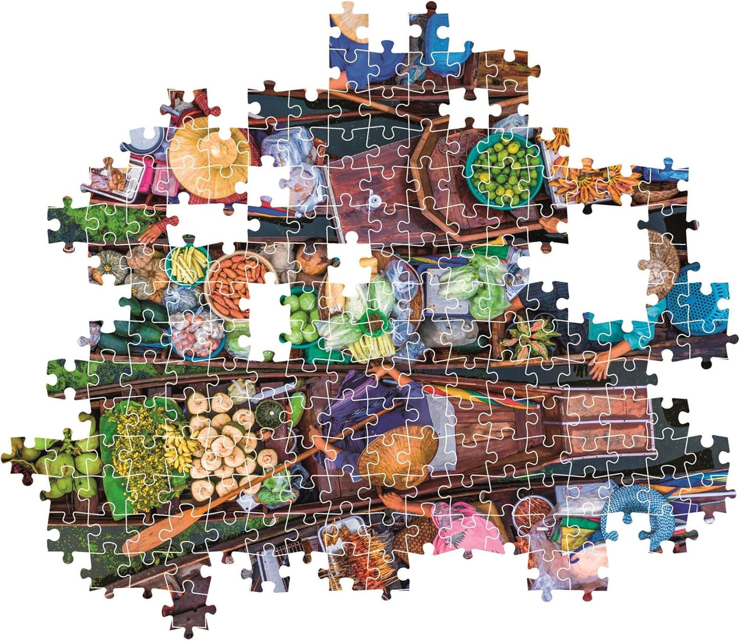 Montaje parcial del puzzle Mercado Flotante Tailandés 1000 piezas Clementoni con piezas sueltas mostrando las barcas y los cestos de fruta
