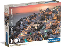 Caja del puzzle Santorini 1000 piezas Clementoni con las casas blancas encaladas y los molinos de Oía al atardecer sobre el mar Egeo
