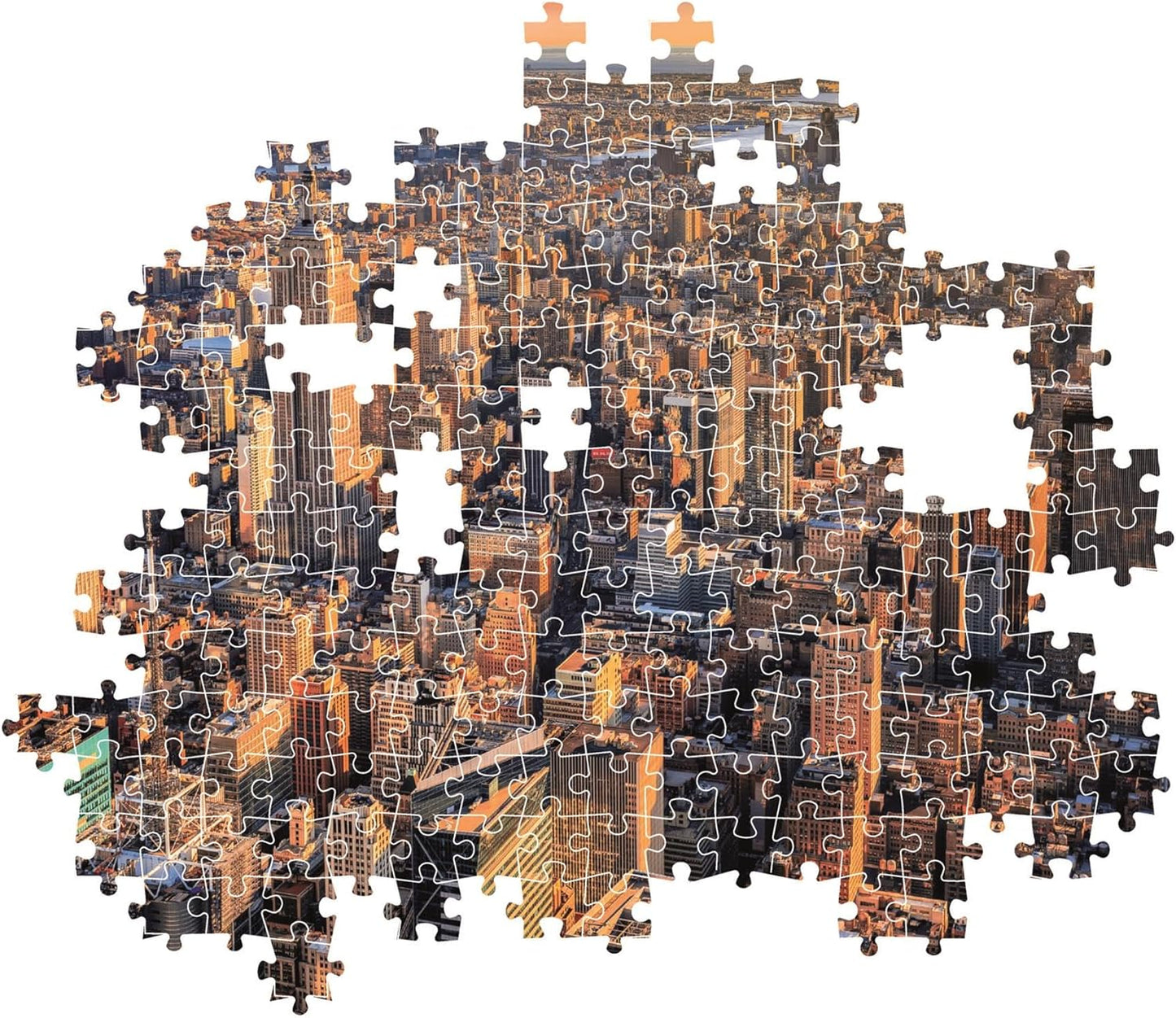 Montaje parcial del puzzle Nueva York 1000 piezas Clementoni con piezas sueltas mostrando los rascacielos de Manhattan