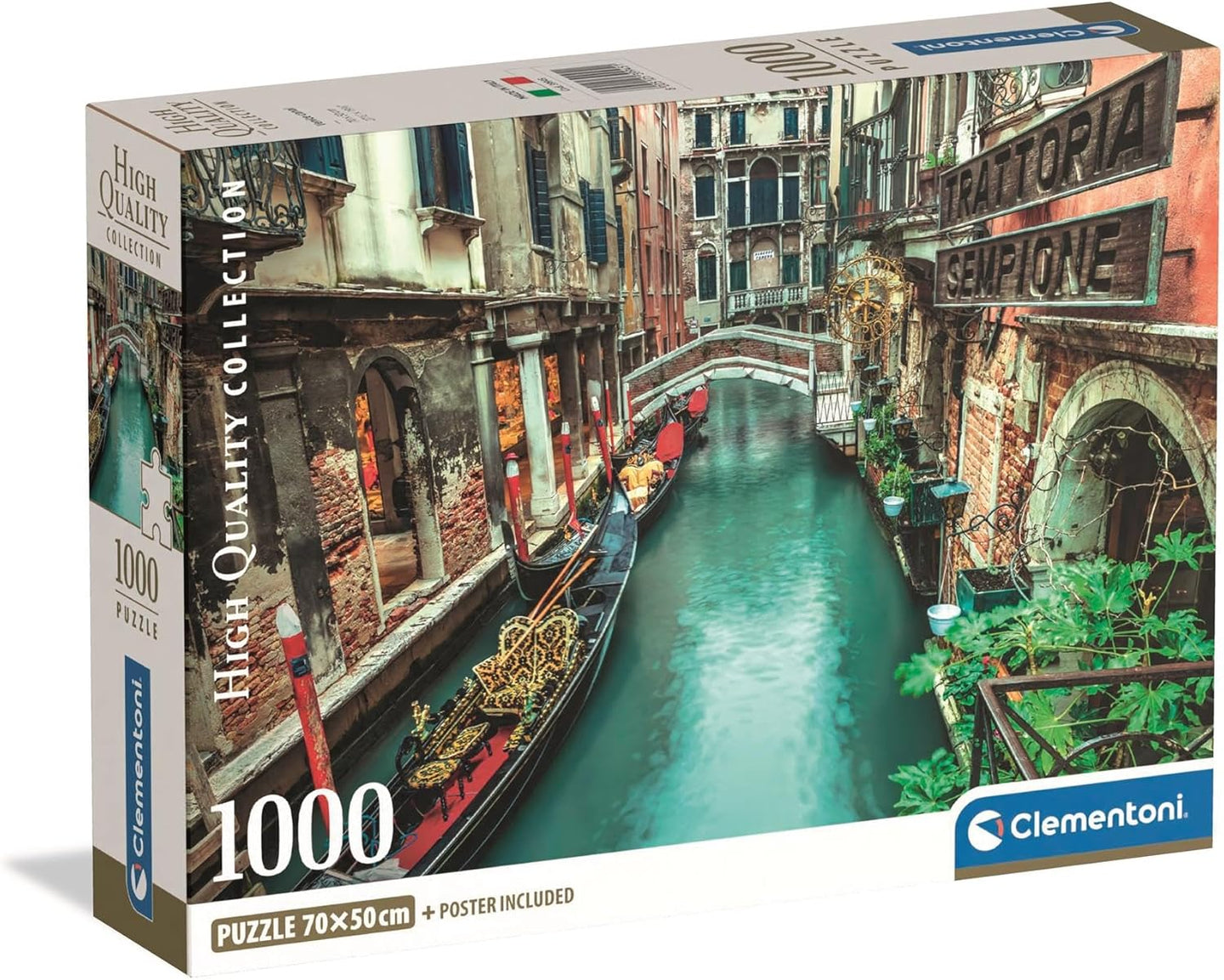 Caja del puzzle Canal de Venecia 1000 piezas Clementoni con una góndola amarrada en un canal veneciano de aguas turquesa entre edificios antiguos