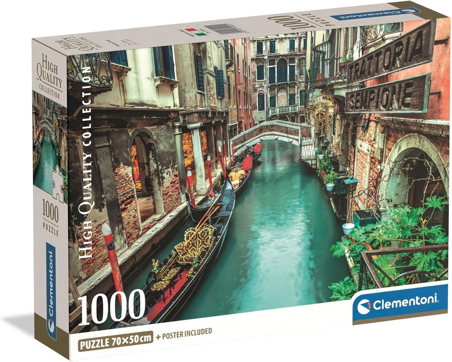 Caja del puzzle Canal de Venecia 1000 piezas Clementoni con una góndola amarrada en un canal veneciano de aguas turquesa entre edificios antiguos