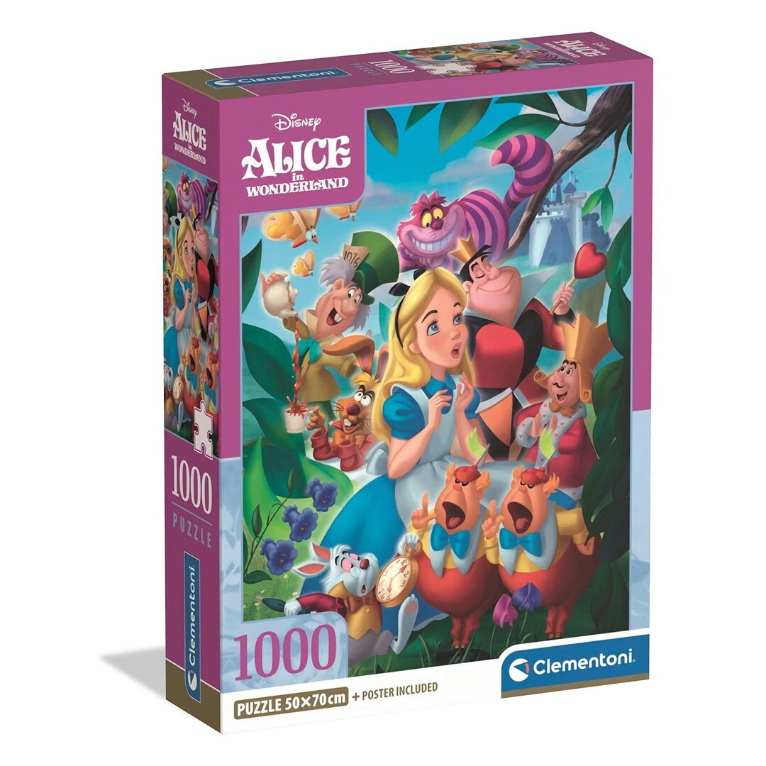 Caja del puzzle Alicia en el País de las Maravillas 1000 piezas Clementoni con Alicia, el Sombrerero Loco, el Gato de Cheshire y los personajes de Disney