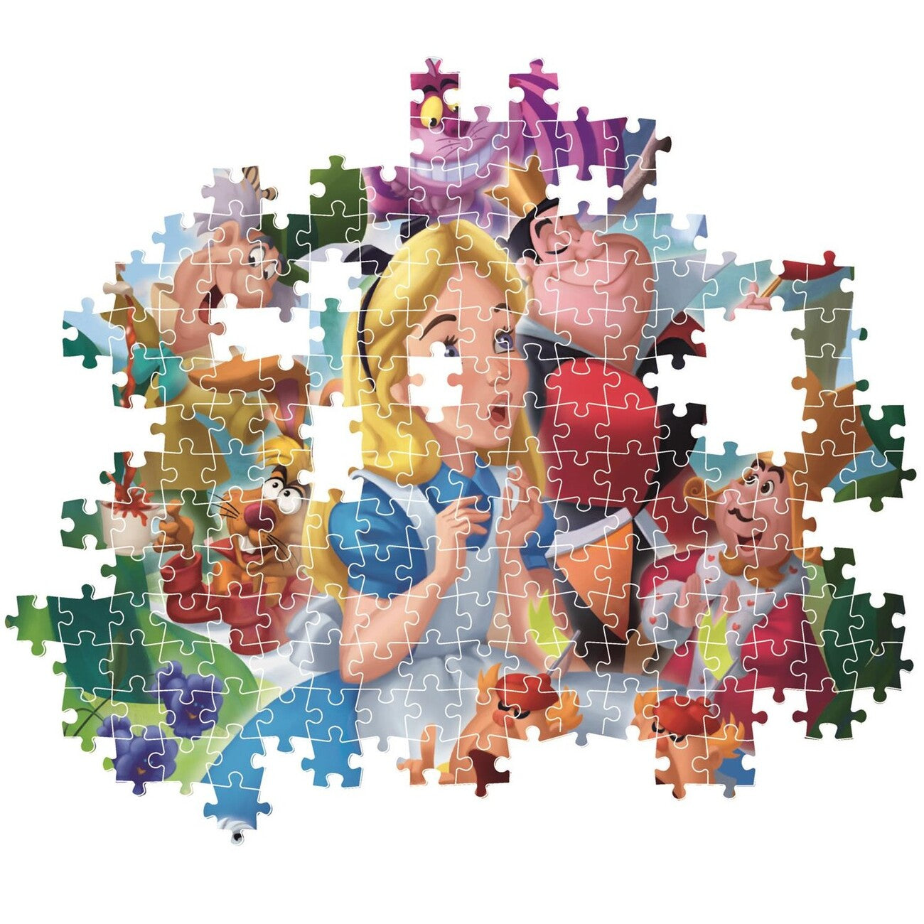 Montaje parcial del puzzle Alicia en el País de las Maravillas 1000 piezas Clementoni con piezas sueltas mostrando a Alicia y los personajes