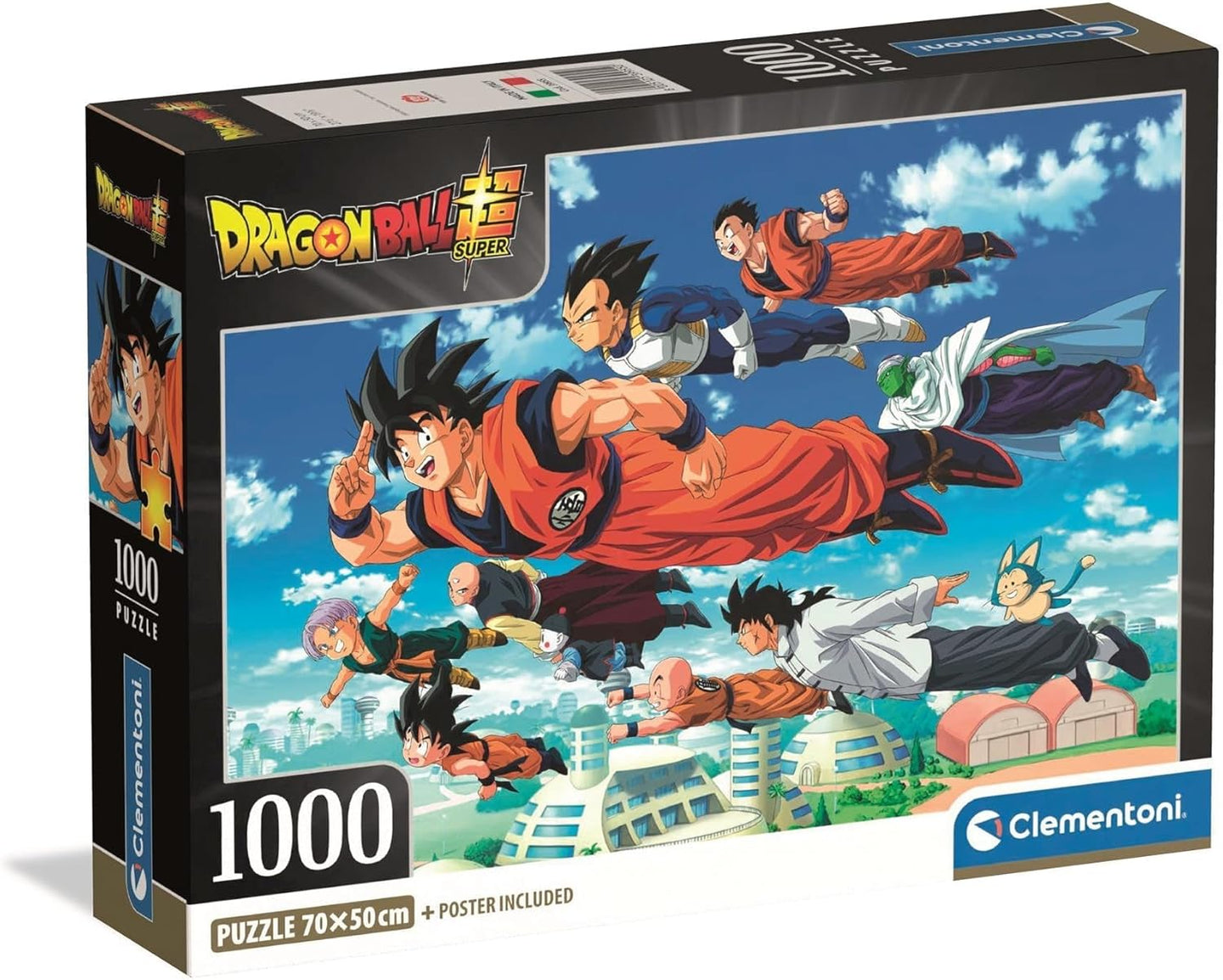 Caja del puzzle Dragon Ball Z Compact 1000 piezas Clementoni con Goku, Vegeta, Piccolo y los personajes volando sobre la ciudad