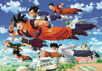 Ilustración del puzzle Dragon Ball Z Compact 1000 piezas Clementoni con Goku, Vegeta, Piccolo y los personajes volando sobre la ciudad